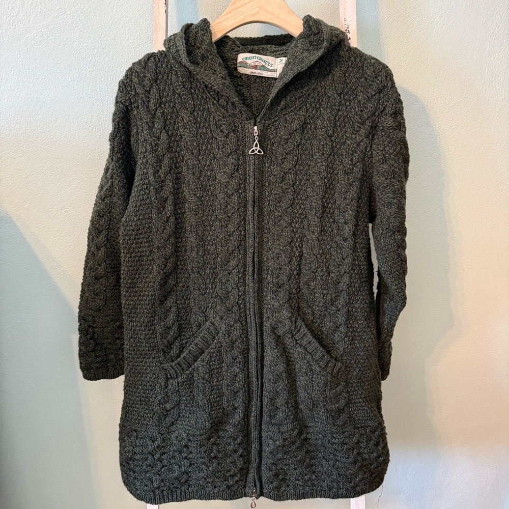 Aran Crafts Ireland Merino Wool Cable Knit Hooded Zip Sweater Cardigan Green Med